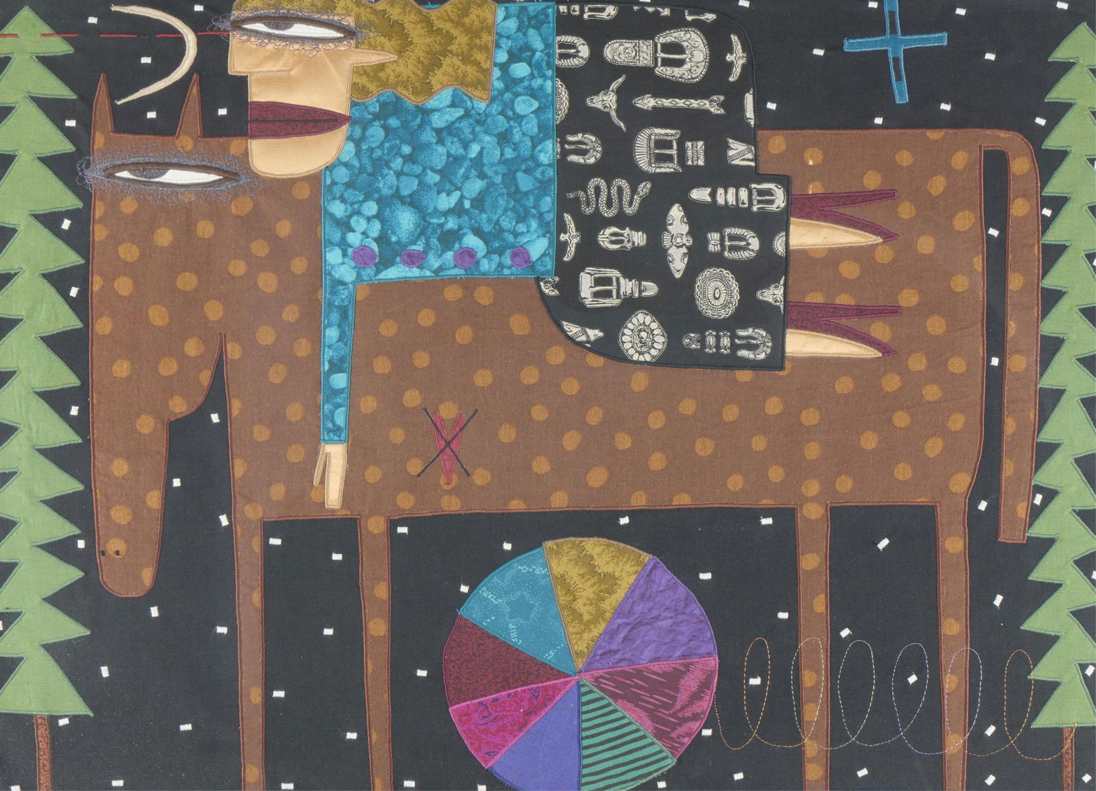 Chris Roberts-Antieau Horse Rider Embroidery: Chris Roberts-Antieau (American, b. 1950). Embroidered textile art composition titled "Riding Through the Woods" depicting a figure on a horse in a pine forest at night. In a hand-painted fr