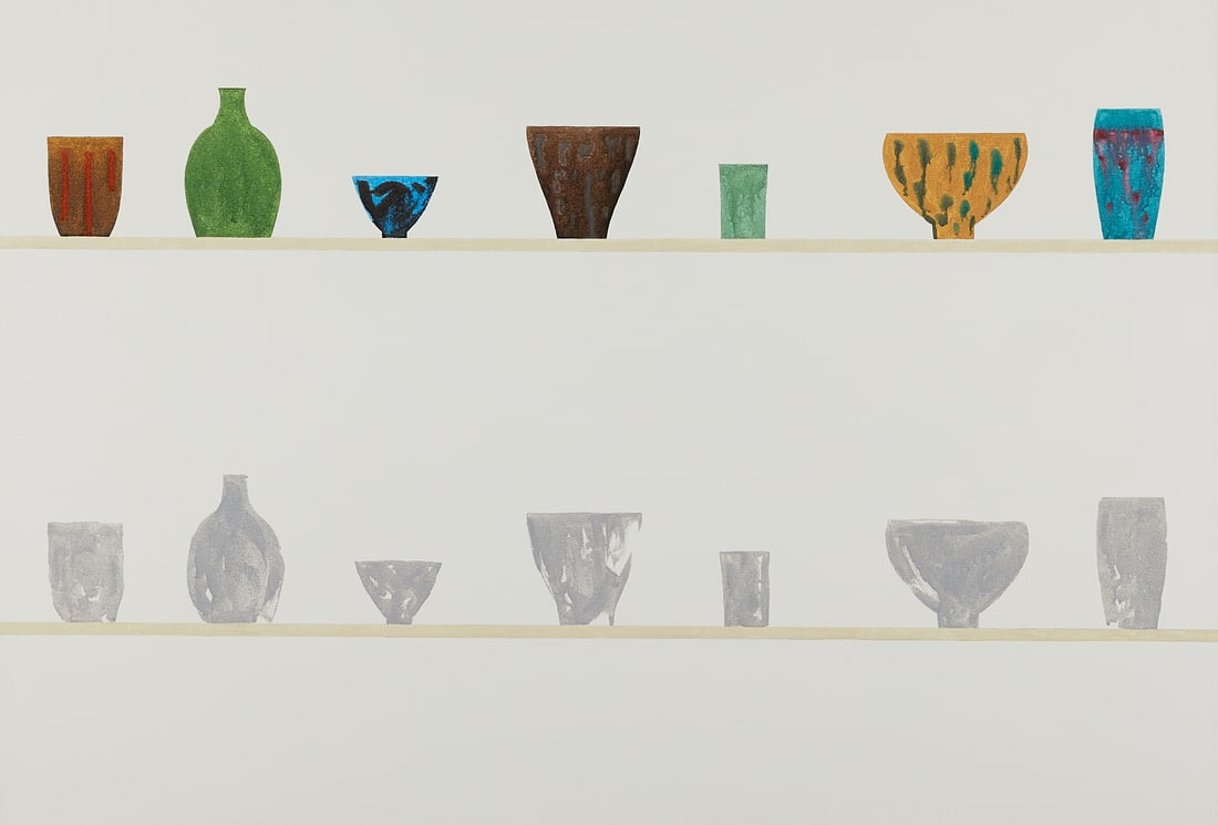 Ed Baynard "23rd & Park #8" Ink On Canvas 1999: Ed Baynard (American, 1940-2016). Ink on canvas painting titled "23rd & Park #8" depicting a row of brightly colored vases and vessels with their shadowy counterparts below, 1999.Provenance: