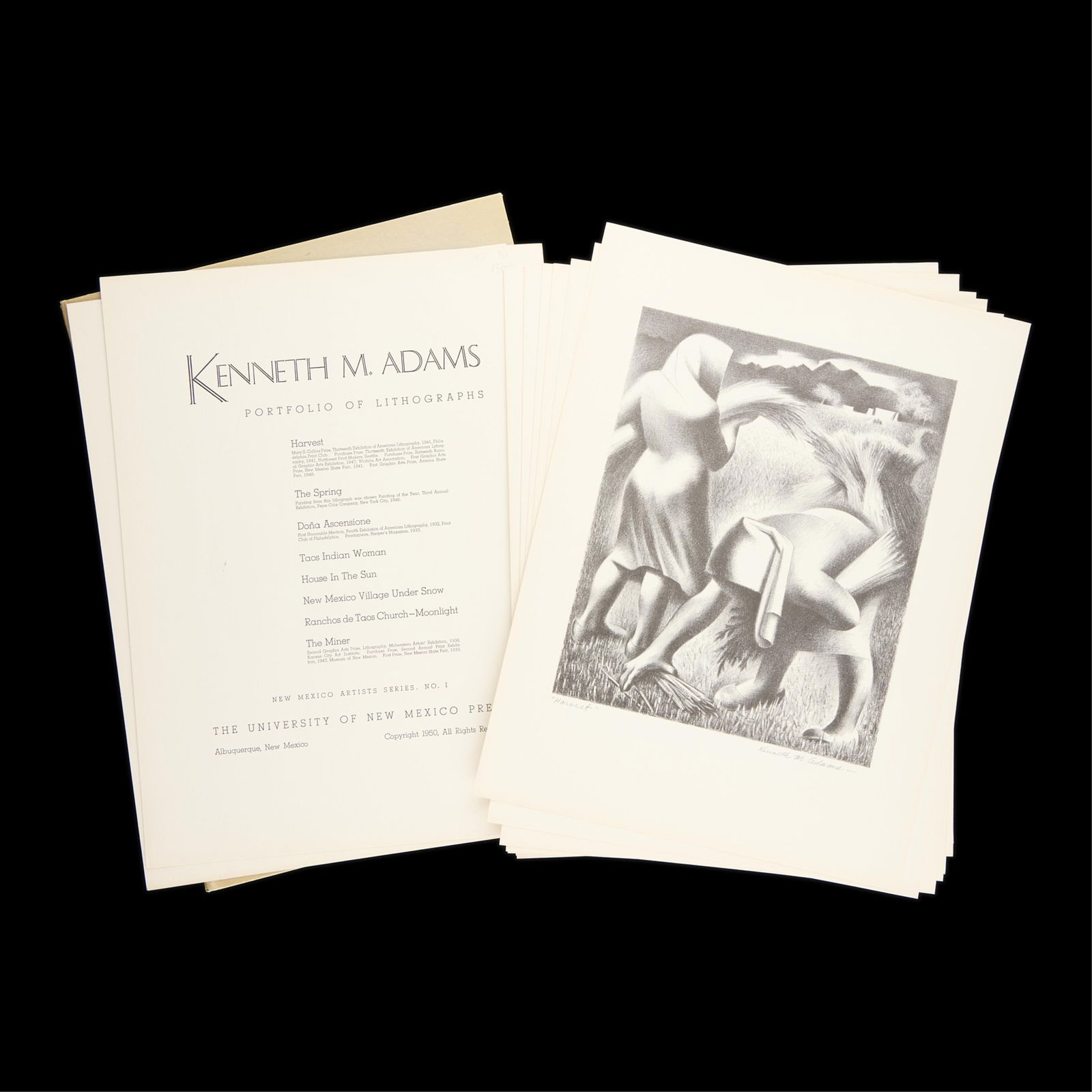 Kenneth M. Adams Lithograph Portfolio 1950: Kenneth Miller Adams (American, 1897-1966). Portfolio of seven lithographs, each pencil signed and titled. Published by The University of New Mexico Press, 1950. Part of the "New Mexico Artists&q