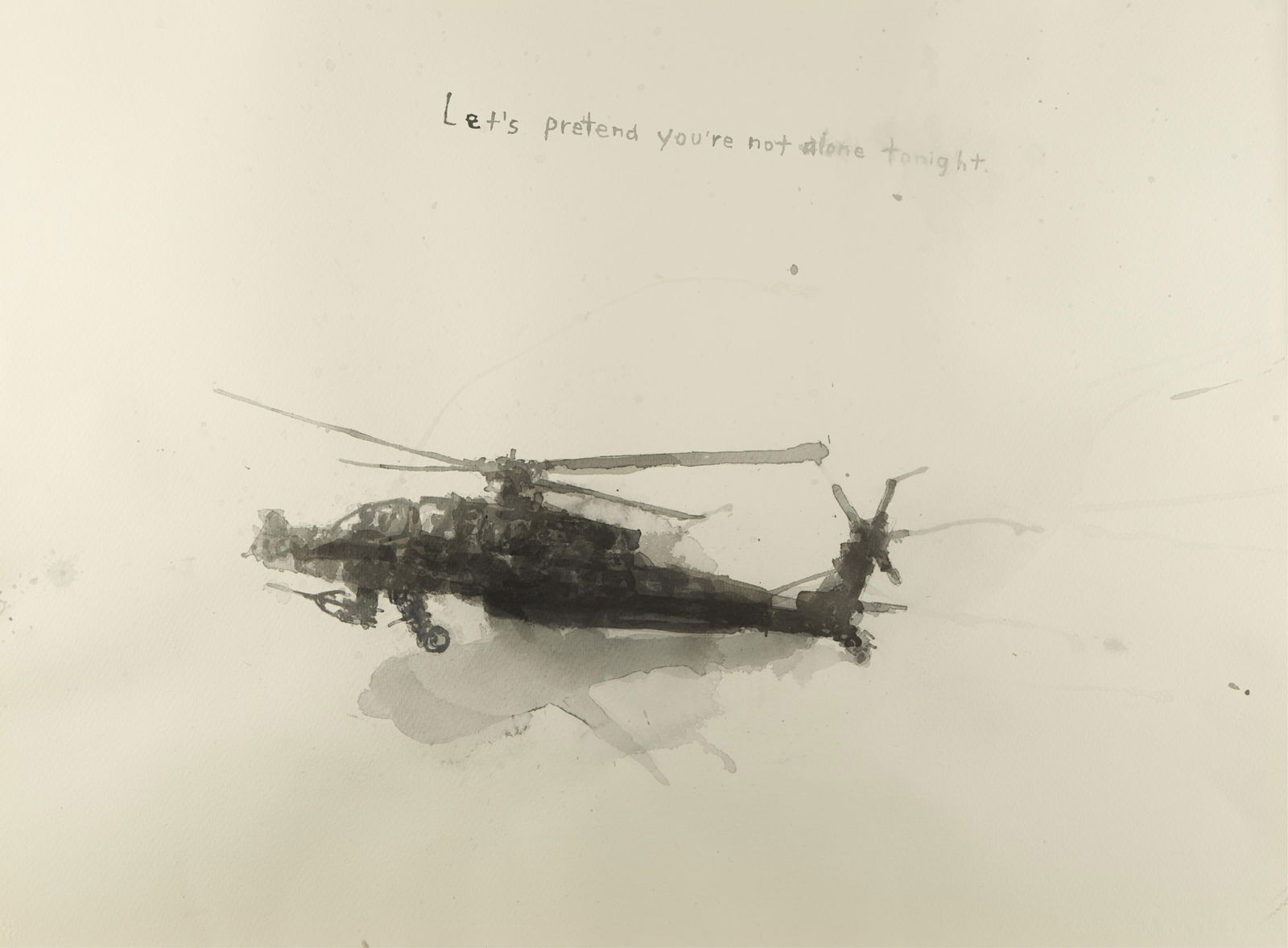 David Rathman "Let's Pretend..." Painting 2010: David Rathman (American, b. 1958). Ink or watercolor on paper titled "Let's Pretend You're Not Alone Tonight" depicting a silhouette of a helicopter, 2010. Titled along the upper center.Prov