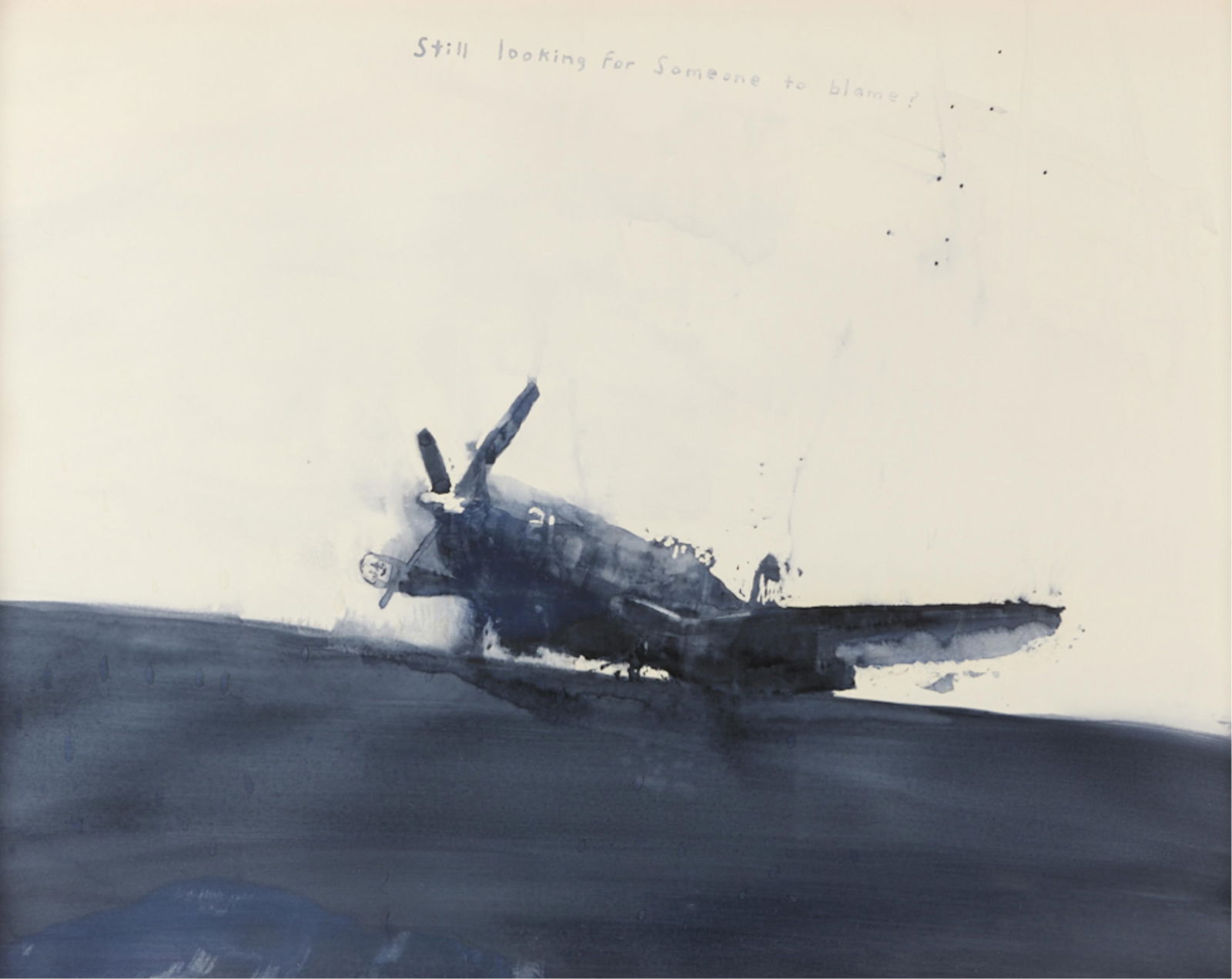David Rathman "Still Looking..." Painting: David Rathman (American, b. 1958). Ink or watercolor on paper titled "Still Looking for Someone to Blame" depicting a silhouette of a propellor plane. Titled along the upper center.David Rat