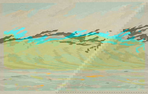 Suzanne Caporael "Caviota" Woodcut 2006: Suzanne Caporael (America, b. 1949). Woodcut on Torinoko Natural paper titled "Caviota" depicting a peaceful nature scene, 2006. Pencil signed and dated 2006 along the lower right; numbered