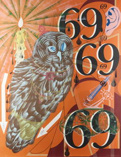 Lari Pittman "Existential and Needy" Print 1991: Lari Pittman (Colombian/American, b. 1952). Large lithograph on paper titled "Existential and Needy" depicting an owl, the number 69 repeated, and a candle, 1991. Signed and dated along the