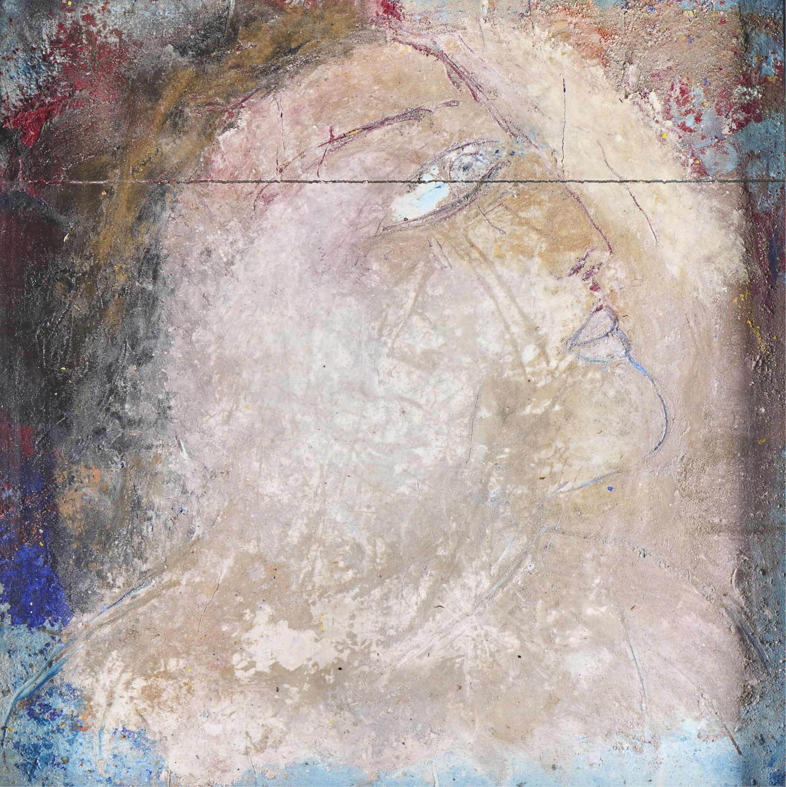 Jamali Tempera on Canvas Face in Profile Painting: Jamali (Pakistani/American, b. 1944). Tempera on canvas painting depicting a head in profile, tilted upwards. Signed and inscribed in pen illegibly along the verso.Sight; height: 26 in x depth: 26 in.