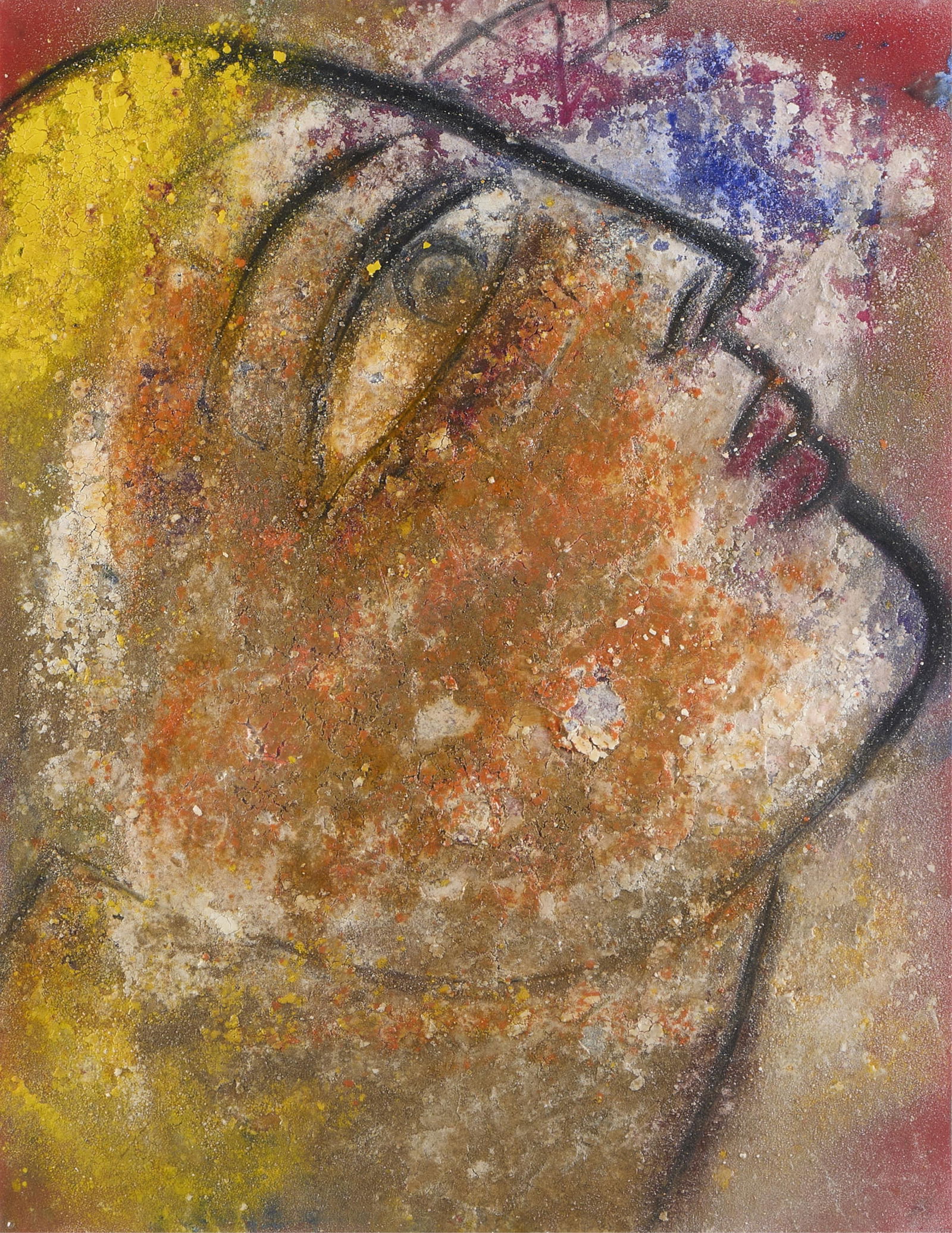Jamali Tempera on Canvas Face in Profile Painting: Jamali (Pakistani/American, b. 1944). Tempera on canvas painting depicting a head in profile, tilted upwards. Signed and inscribed in pen illegibly along the verso.Unframed; height: 26 in x width: 19