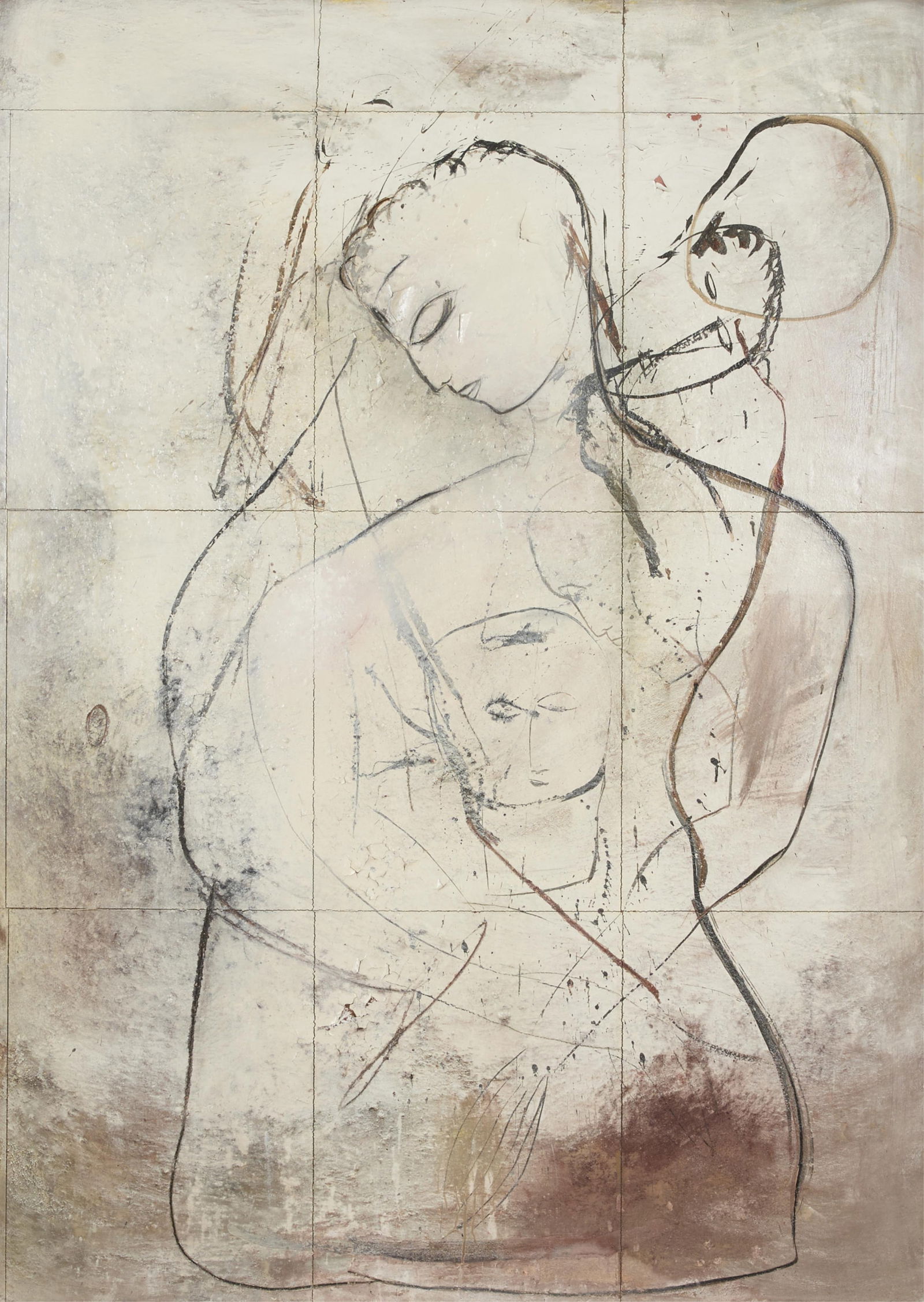 Large Jamali Embracing Figures Fresco Painting: Jamali (Pakistani/American, b. 1944). Large highly textured tempera on panel fresco painting depicting figures embracing. With a Jamali Art and Peace, Inc. label affixed to the verso.Height: 83 3/4 in