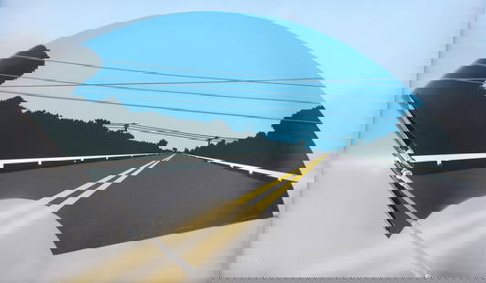Allan D'Arcangelo "Minnesota Morning" 1978: Allan D'Arcangelo (American, 1930-1998). Mixed media work titled "Minnesota Morning" depicting a foggy windshield of a car driving down a lonely highway, 1978. Etched signature and date alon