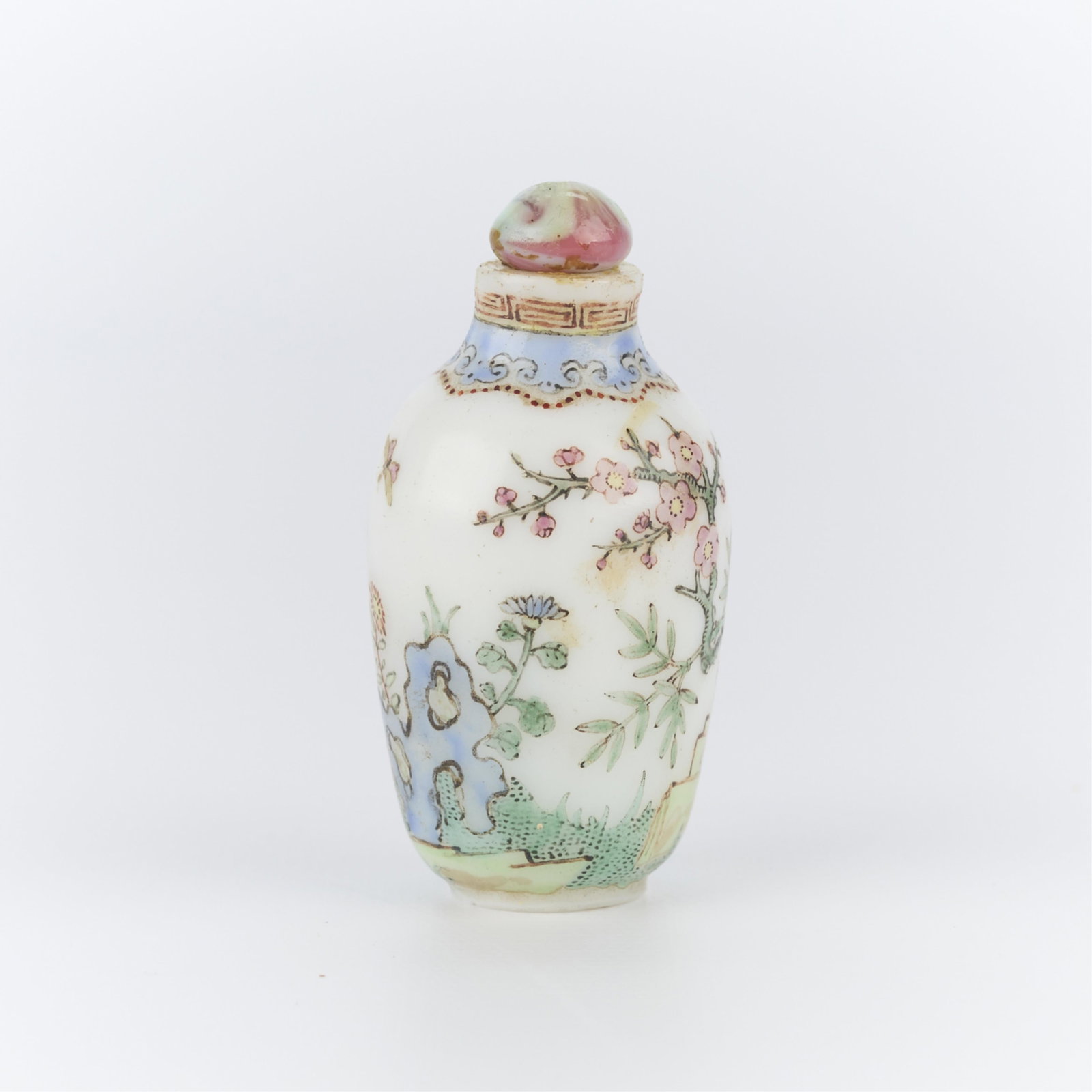 19th-20th c. Chinese Enameled Glass Snuff Bottle: Chinese enameled glass snuff bottle, ca. 19th-20th century. (With lid) height: 2 1/4 in x diameter 1 1/4 in.
