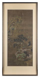 18th-19th c. Chinese Silk Landscape Painting: Late 18th to early 19th century Chinese silk landscape painting signed Qiu Ying (Chinese, 1494-1552) with a colophon signed Dong Bangda (Chinese, 1699-1769).Sight; height: 35 1/4 in x width: 15 1/4 in