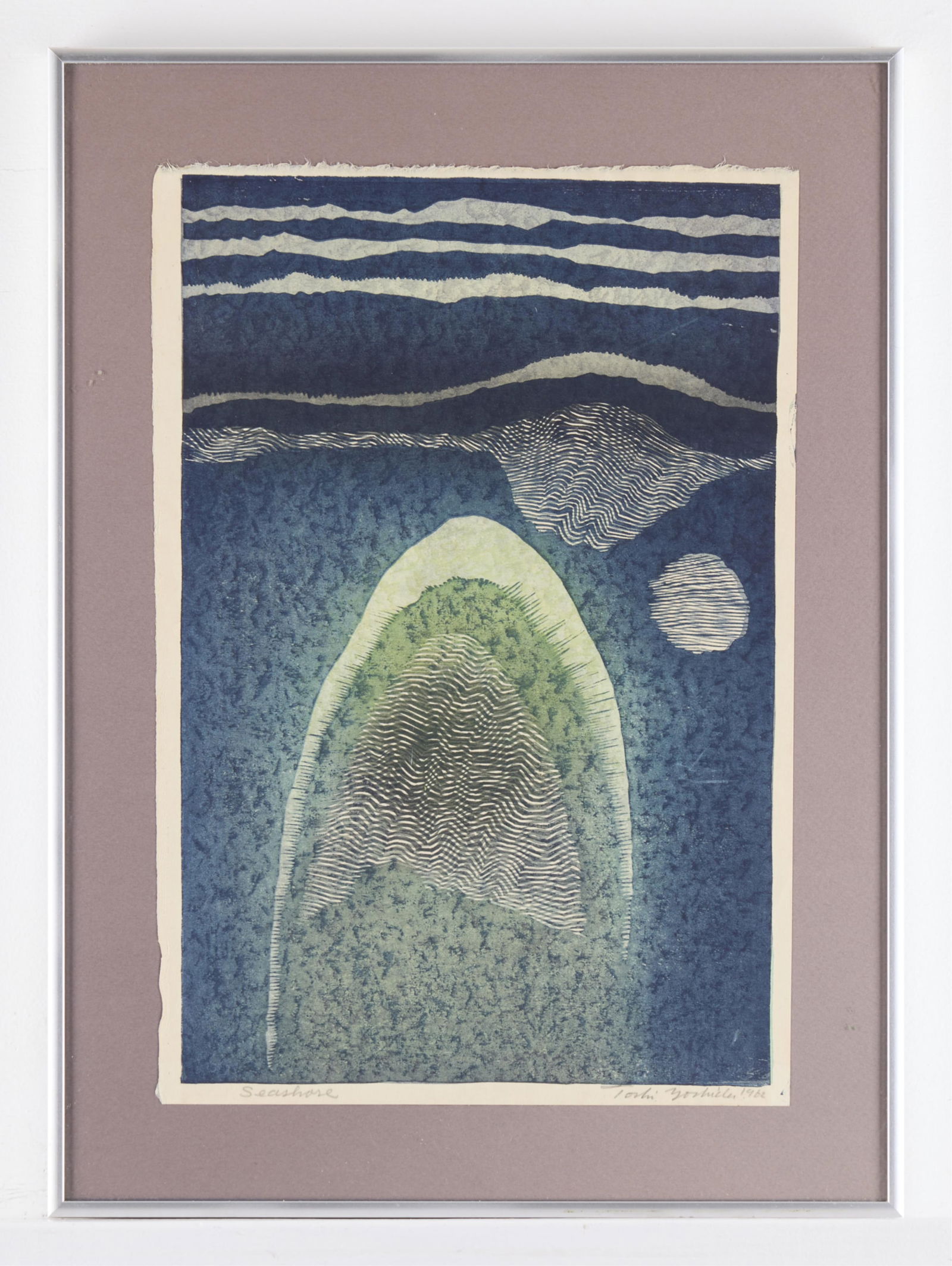 Toshi Yoshida "Seashore" Woodblock 1962: Toshi Yoshida (Japanese, 1911-1995). Woodblock print on paper titled "Seashore," 1962. Pencil signed and dated along the lower right; titled along the lower left.Unframed; height: 16 in x wi