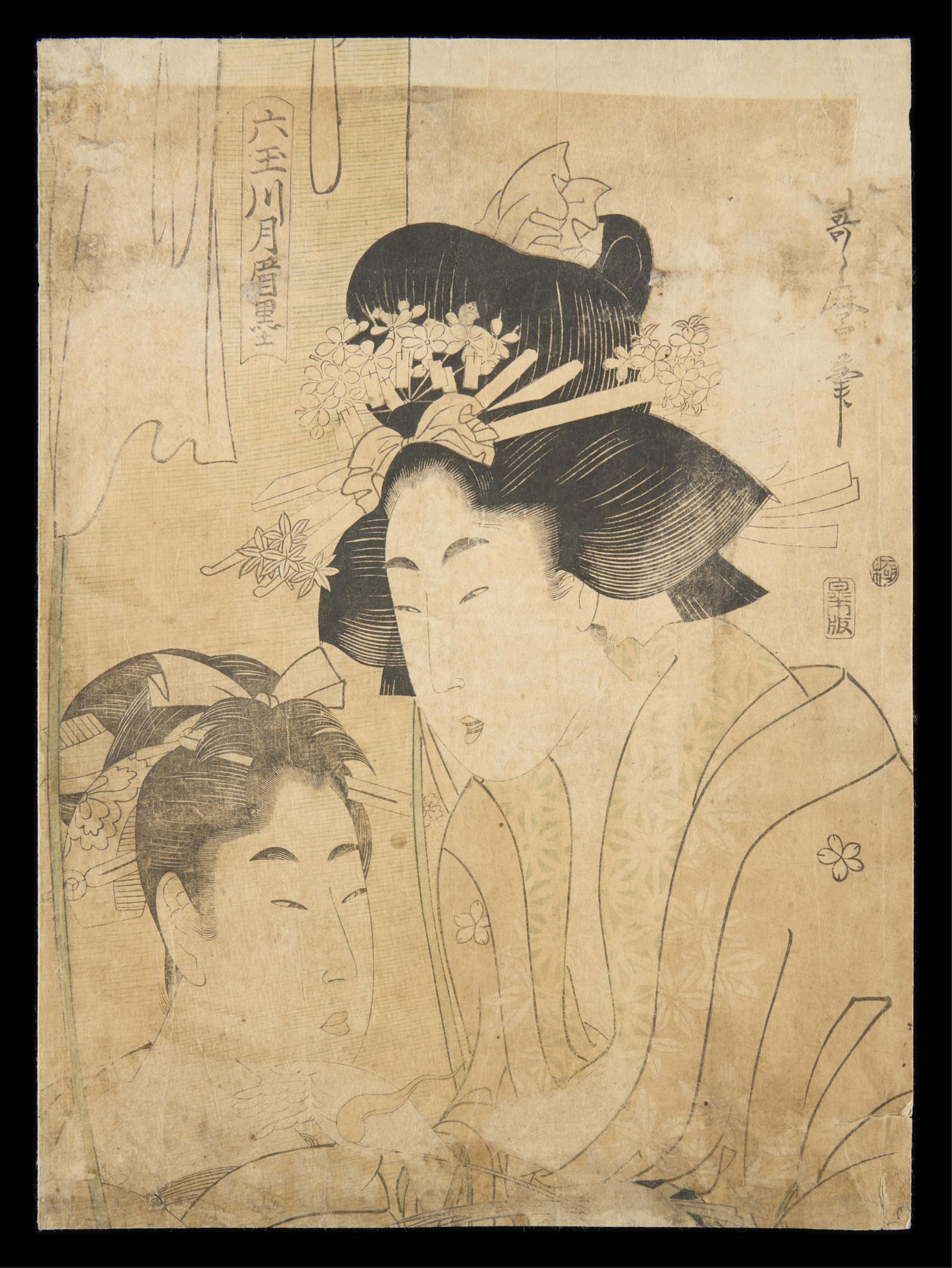 Kitagawa Utamaro II Beauties Woodblock Print: Kitagawa Utamaro II (Japanese, act. 1800-1831). Woodblock print depicting two beauties, possibly titled "Tsuki no mayuzumi," ca. 1797-98. From the series "Mu Tamagawa (Six Jewel Rivers)