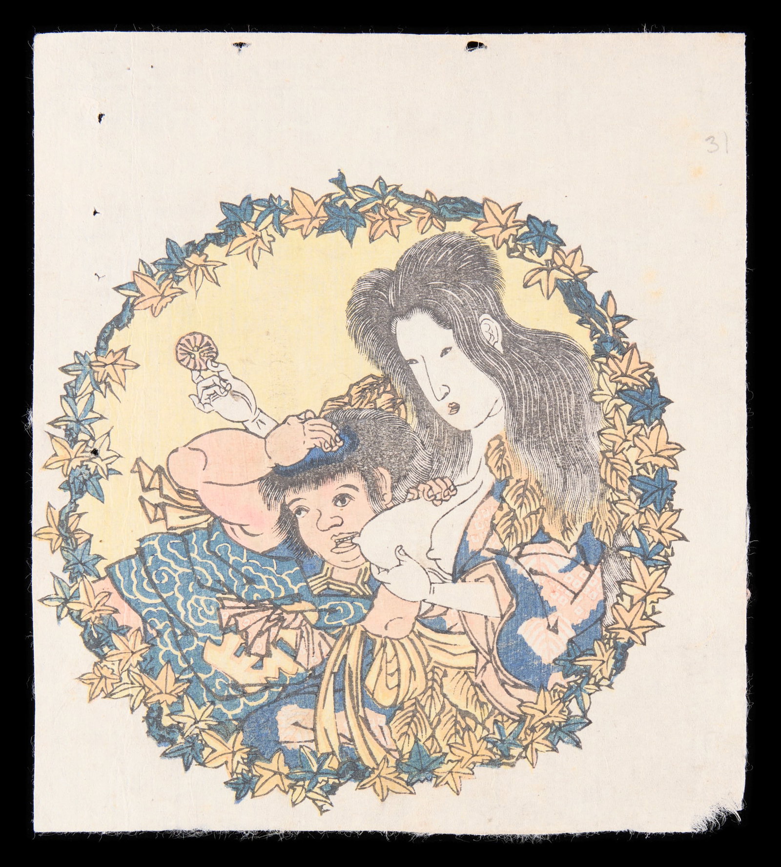 Japanese Woodblock Print of Kintaro Breastfeeding: Early Japanese woodblock print depicting the folk hero Kintaro breastfeeding from the yama-uba (mountain witch). Depicted in a circular cartouche wreathed by leaves. Height: 7 1/4 in x width: 6 1/2 in