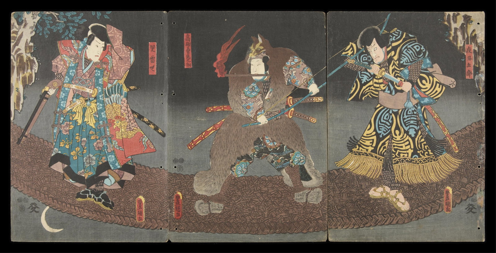 Kunisada Magician & Archer in Wolf Skin Print: Utagawa Kunisada/Toyokuni III (Japanese, 1786-1865). Woodblock print triptych depicting a scene from the play "Jiraiya goketsu monogatari," 1852. Including the actors, from left to right: Ic