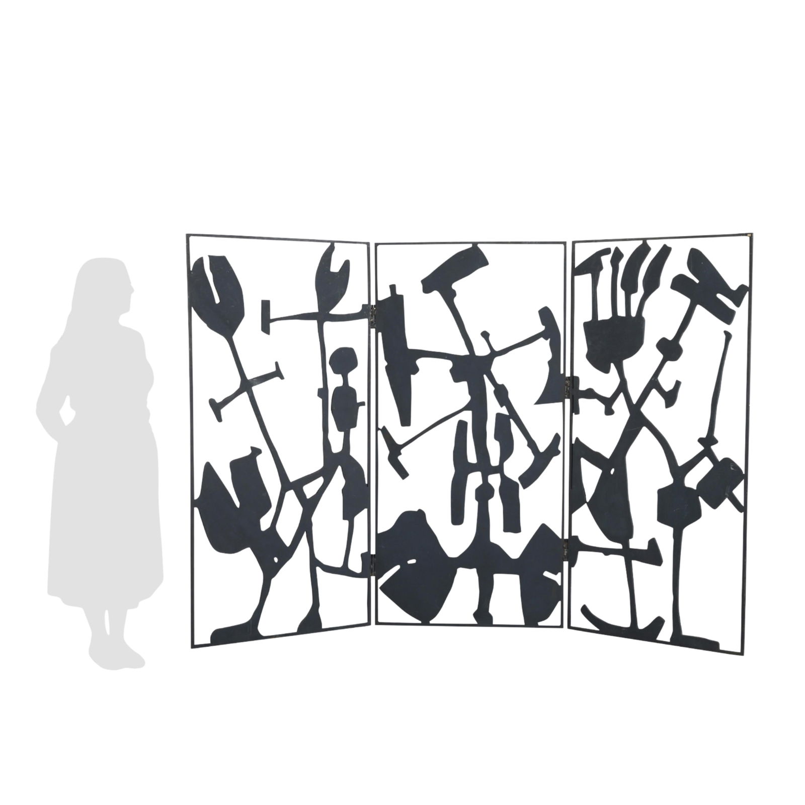 Ernest Trova Large 3-Panel Steel Screen Sculpture: Ernest Trova (American, 1927-2009). Large abstract sculptural black steel three-panel screen.Provnenance: Distinguished Corporate Collection.Height: 59 1/2 in x width: 90 in. This sculpture weighs at