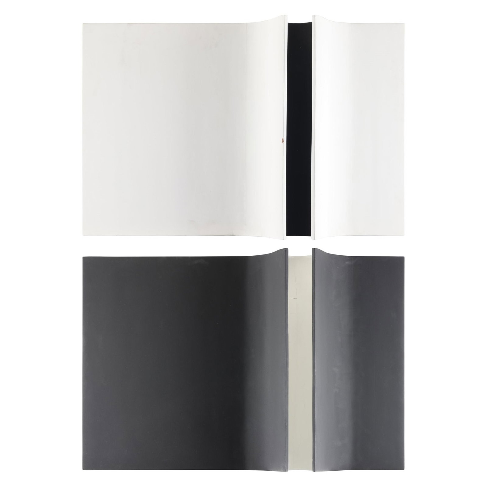 Pair Joaquim Tenreiro 3D Mixed Media Artworks: Joaquim Tenreiro (Brazilian, 1906-1992). Pair of mixed media three-dimensional works in black and white. Both curve outwards with a circular concavity in the opposing color. Both signed and impressed