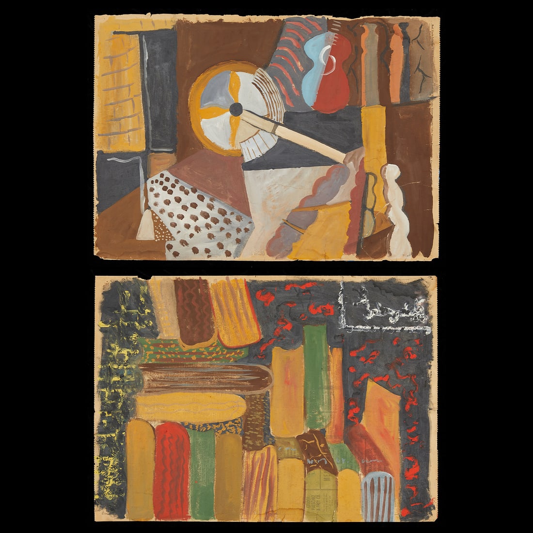 2 American School Abstract Paintings on Newsprint: Group of two abstract American school paintings on newsprint, ca. 1950s. One is affixed to a cardboard backing at an angle. (Each) Height: 23 in x width: 16 1/4 in.