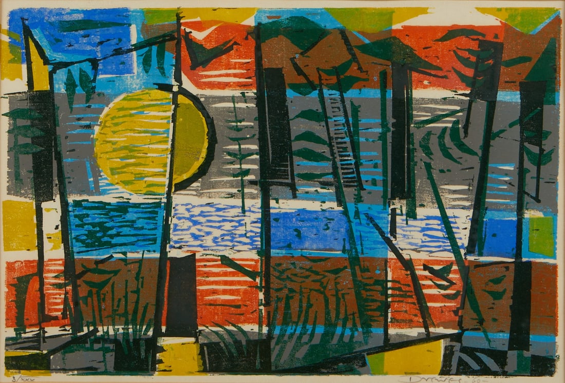 Werner Drewes "Reflections" Woodcut 1966: Werner Drewes (German/American, 1899-1985). Woodcut on paper titled "Reflections" depicting an abstract composition, 1966. Pencil signed and dated along the lower right; numbered 3/xxx (3/30