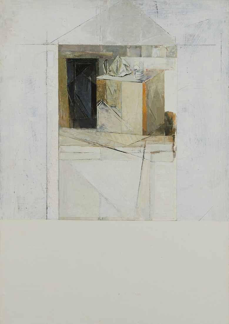 Brad Widness "House" Mixed Media Painting: Brad Widness (American, 20th/21st c). Ink, acrylic, and collage on paper on board painting titled "House" depicting a geometric form of a house, 2000. Signed, titled, and dated along the ver