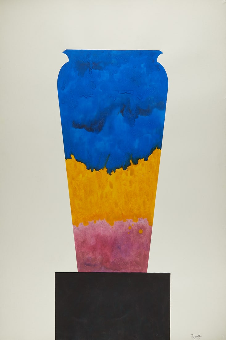 Ed Baynard "Abstraction" Watercolor Painting 1990: Ed Baynard (American, 1940-2016). Acrylic on canvas painting titled "Abstraction" depicting a large vase colored with pink, yellow, and blue, 1990. Pen signed and dated along the lower left.