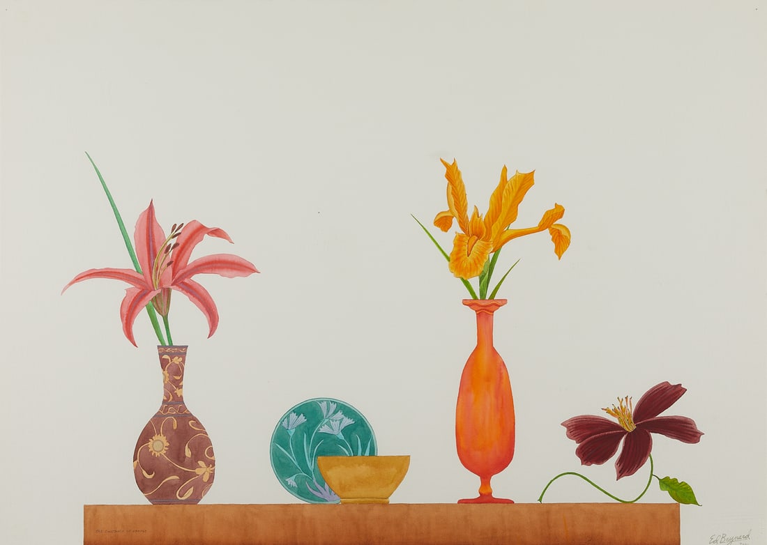 Ed Baynard "The Constancy of Orange" Watercolor: Ed Baynard (American, 1940-2016). Watercolor on paper painting titled "The Constancy Of Orange" depicting orange and pink lilies in the vase on the table, 2001. Signed and dated along the lo