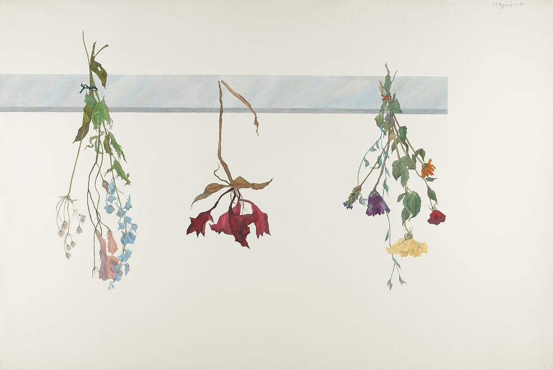 Ed Baynard "Dried Flowers" Watercolor 1989: Ed Baynard (American, 1940-2016). Watercolor on paper titled "Dried Flowers in December" depicting three bouquets of dried flowers hanging upside down, 1989. Signed and dated along the lower