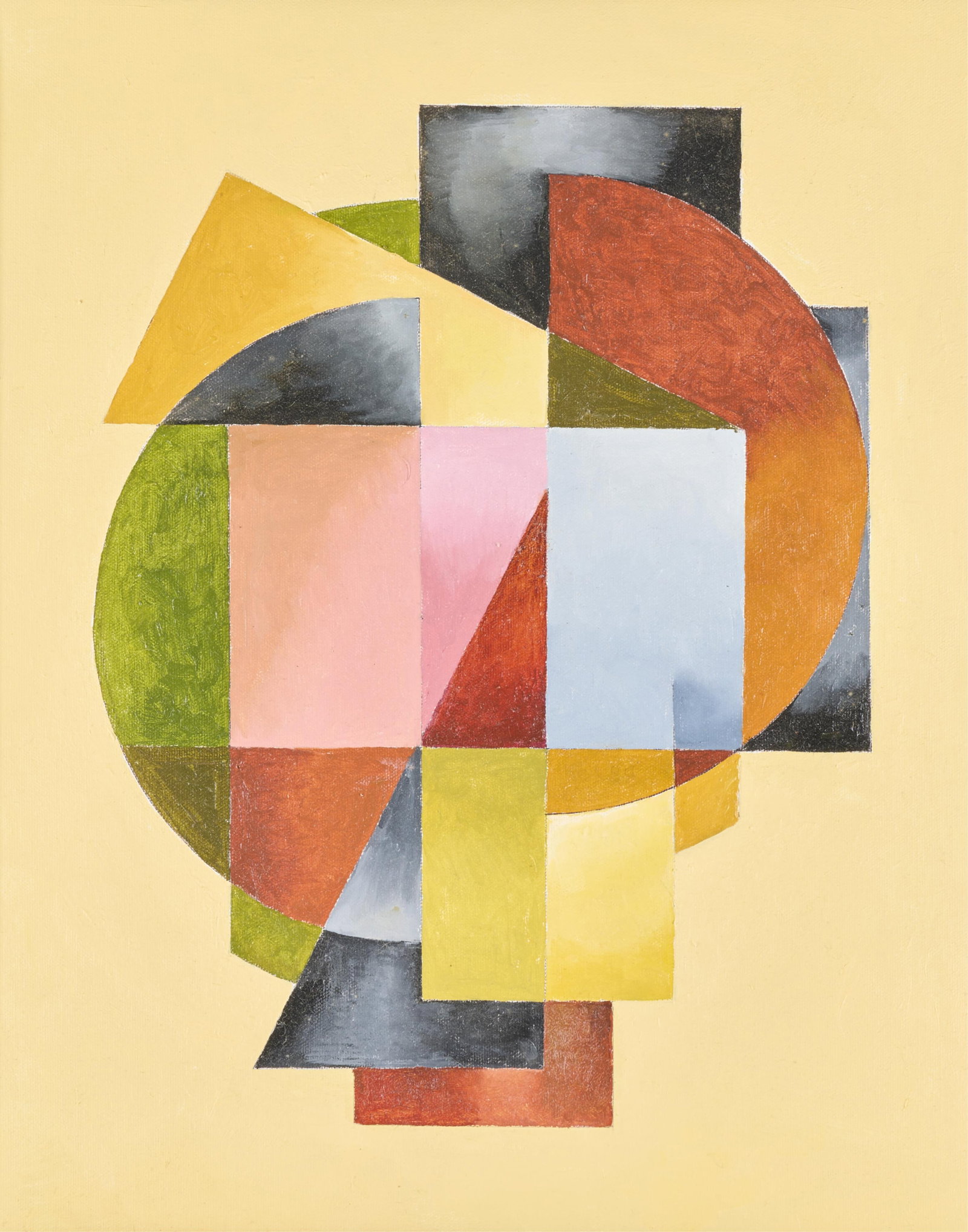 Jack Barkla "Abstract Shapes II" Painting: Jack Barkla (American, 20th/21st c). Oil on canvas painting titled "Abstract Shapes II" depicting colorful shapes uniting to form a unique whole against a pale yellow background. Signed and 