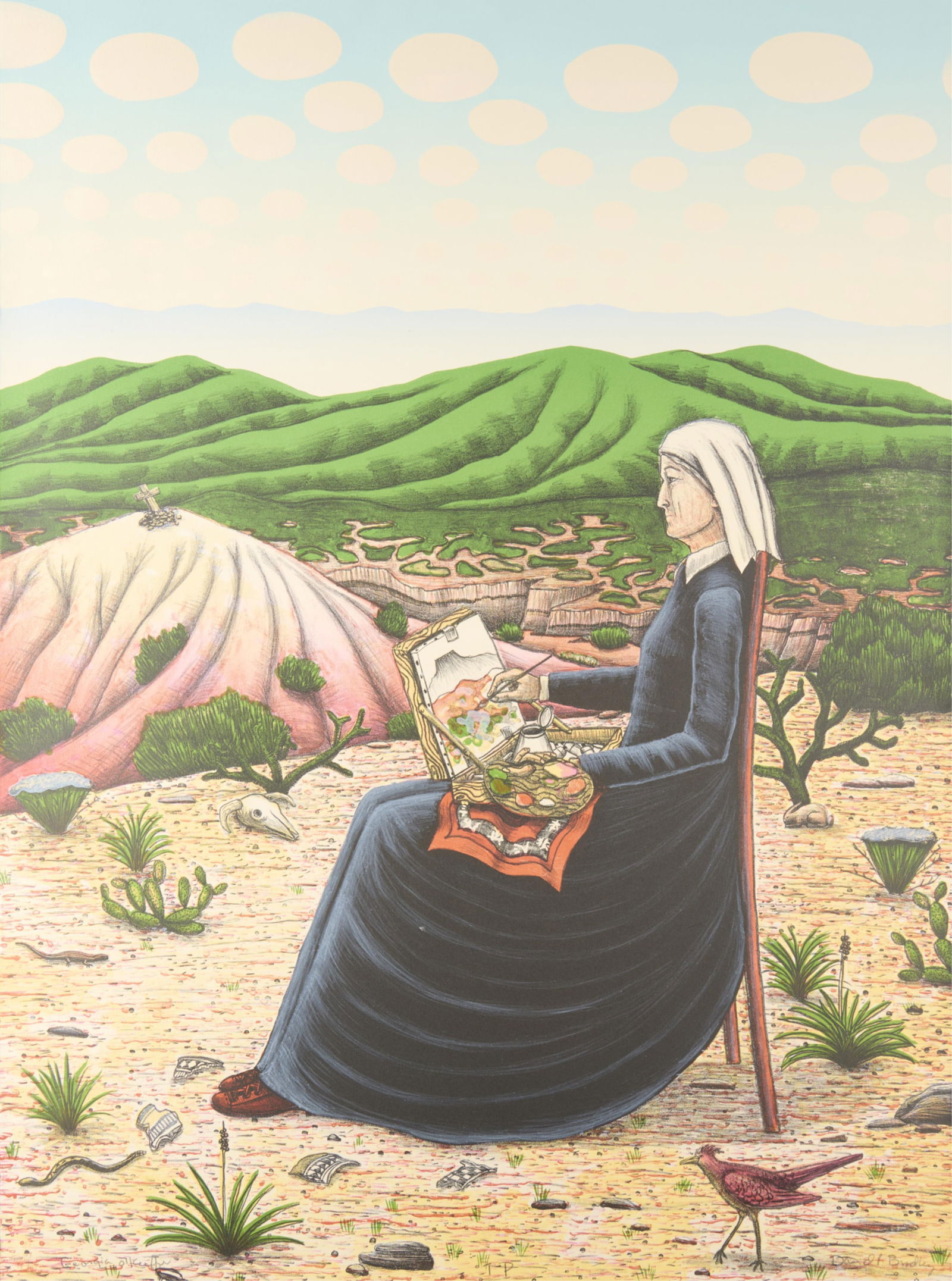 David Bradley "Georgia O'Keefe" Lithograph: David Bradley (Chippewa, b. 1954). Lithograph on Arches paper titled "George O'Keefe." Pencil signed along the lower right; titled along the lower left; editioned TP "trial proof' along