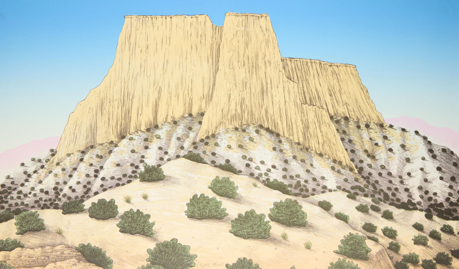 David Bradley "Enchanted Mesa" Lithograph: David Bradley (Chippewa, b. 1954). Lithograph on Arches paper titled "Enchanted Landscape," 1984. Pencil signed along the lower right; titled along the lower left; editioned "trial proo