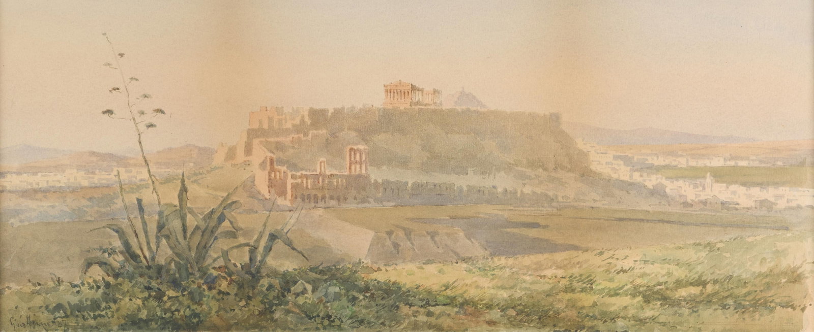 Angelos Giallinas Parthenon Landscape Watercolor: Angelos Giallinas (Greek, 1857-1939). Watercolor on paper landscape painting depicting the Parthenon in Athens, Greece from afar. Signed and dated 1887 along the lower left. Sight; height: 8 1/2 in x 