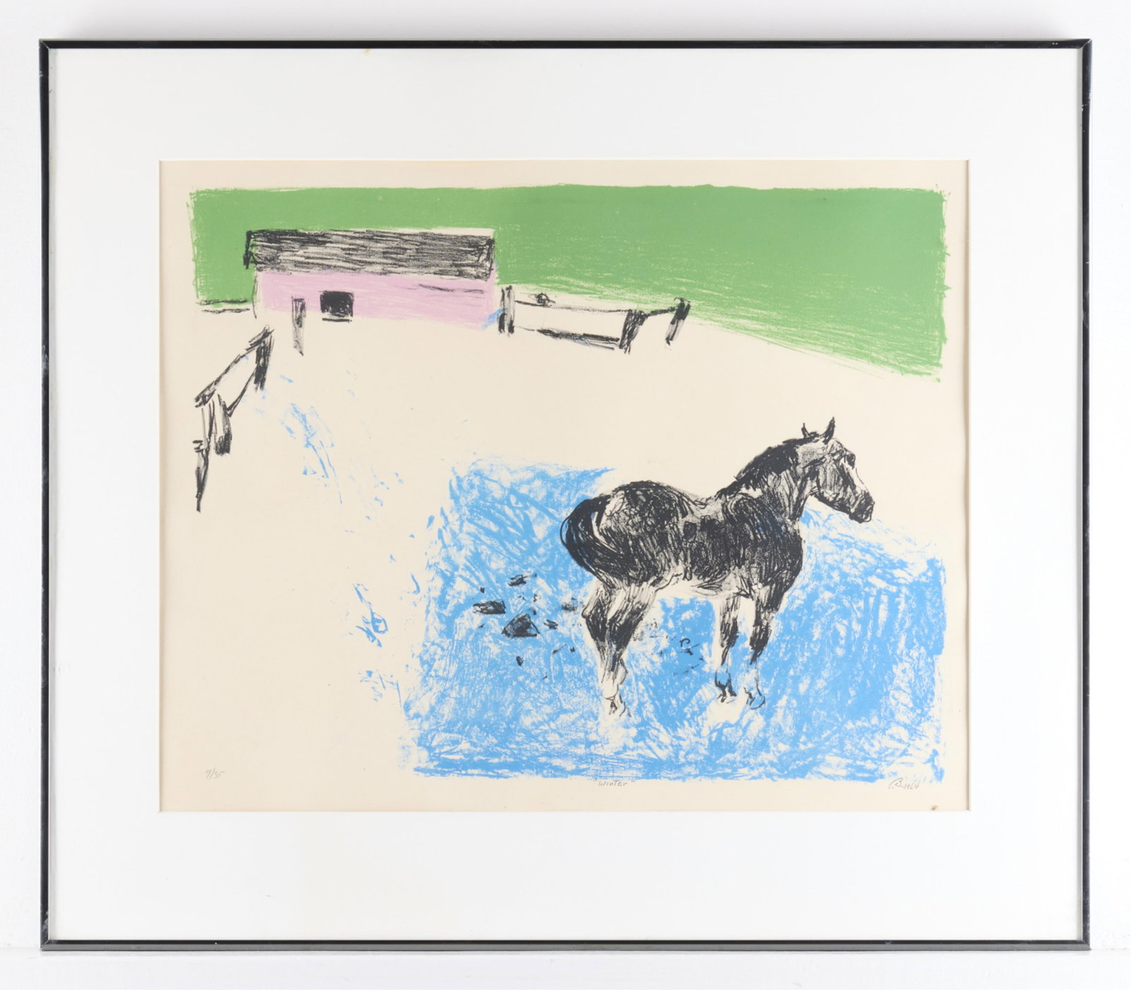 Cameron Booth "Winter" Lithograph 1964: Cameron Booth (American, 1892-1980). Lithograph on paper titled "Winter" depicting one of Booth's iconic horses, 1964. Pencil initialed and dated along the lower right; titled along the lowe