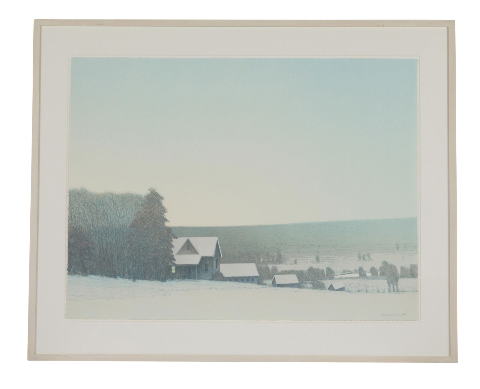 Russell Chatham "Missouri Headwaters" Lithograph: Russell Chatham (American, 1939-2019). Large lithograph on paper titled "Missouri Headwaters: December" depicting a wintery landscape, 1986. Pencil signed, numbered 218/275, and dated along