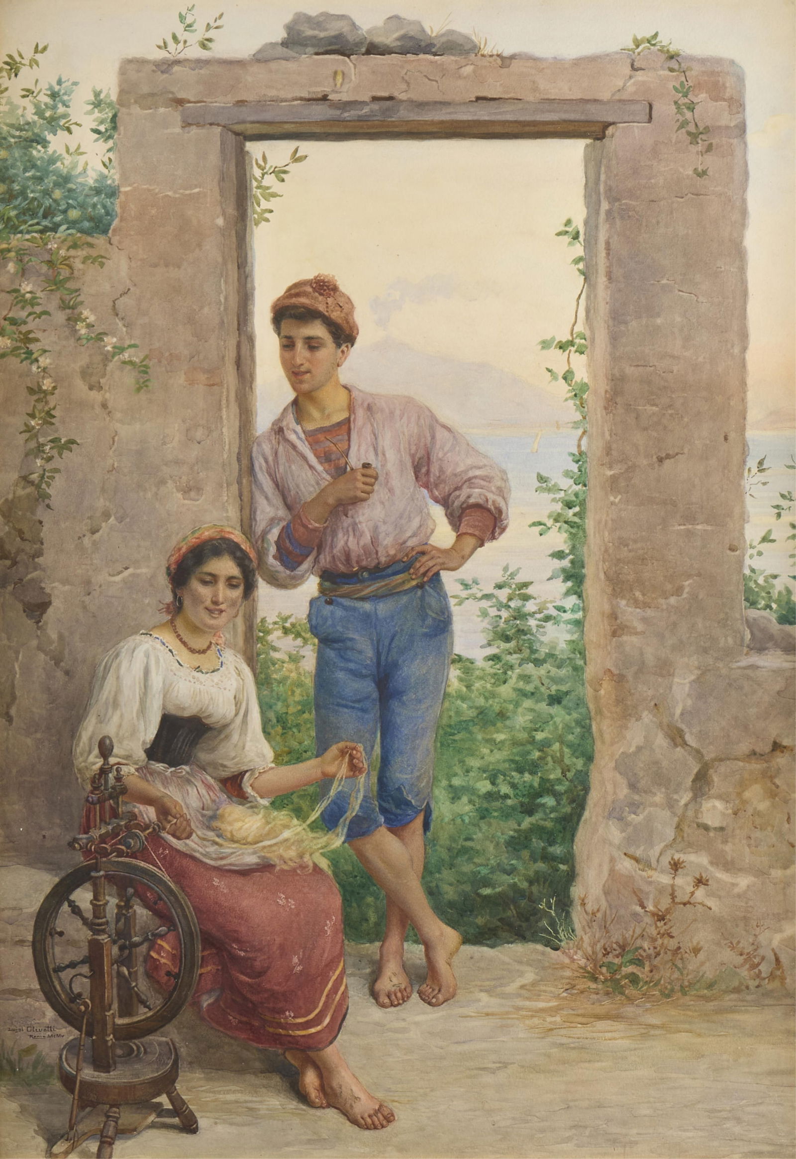 Luigi Olivetti Spinning Wheel Watercolor 1905: Luigi Olivetti (Italian, 1856-1941). Watercolor on paper painting depicting a woman working at a spinning wheel while a man watches while leaning on a stone archway, 1905. Signed, inscribed "Roma