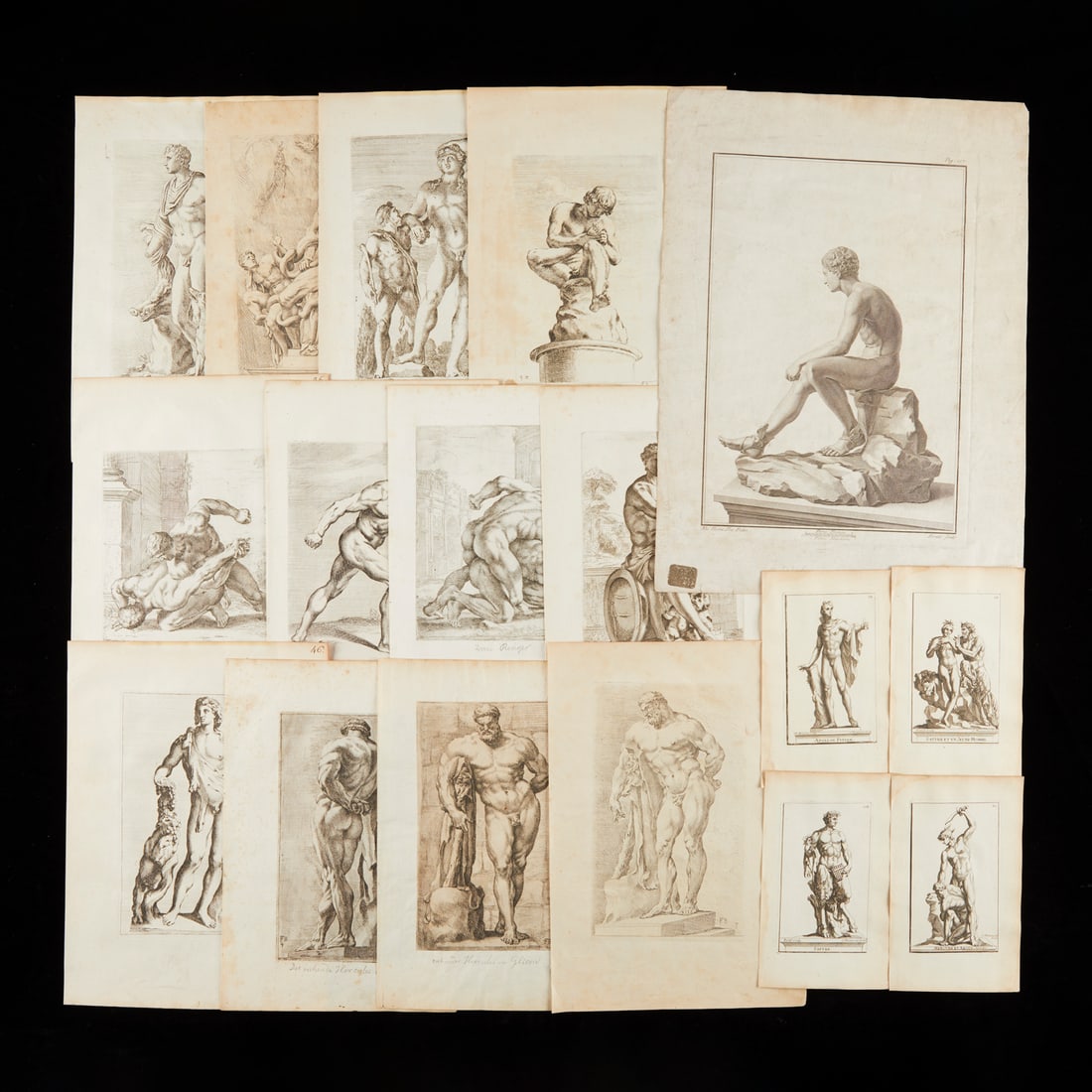 17 Etchings of Italian Marble Statues: Group of 17 etchings depicting marble statues, some from differing angles. By Francois Perrier (French, 1594-1649), Johann Dominicus Fiorillo (German, 1748-1821), and Simon Thomassin (French, 1654-173