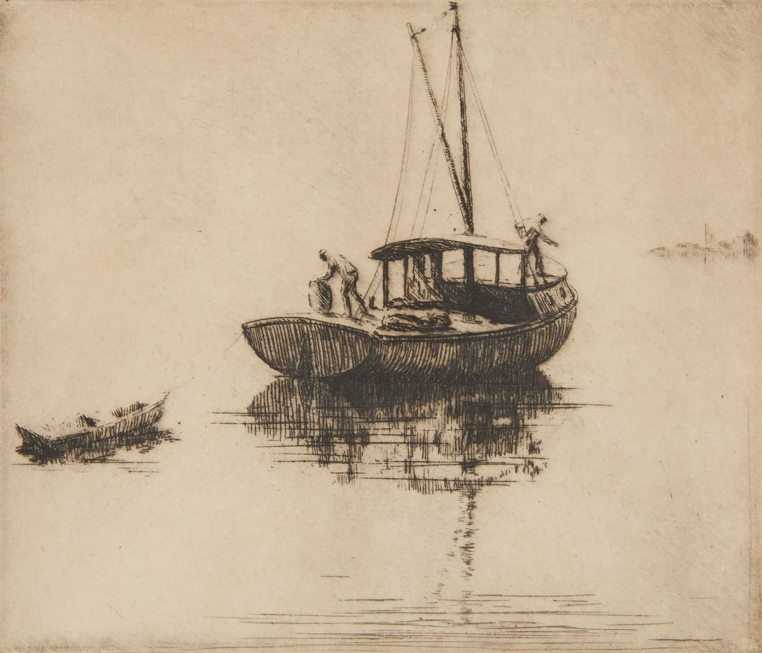 H. Lindley Hosford Fishing Boat Etching: Harry Lindley Hosford (American, 1877-1945). Etching on paper depicting a fishing boat in a harbor with two fishermen. Pencil signed along the lower right; numbered 5/50 along the lower left. Sight; h