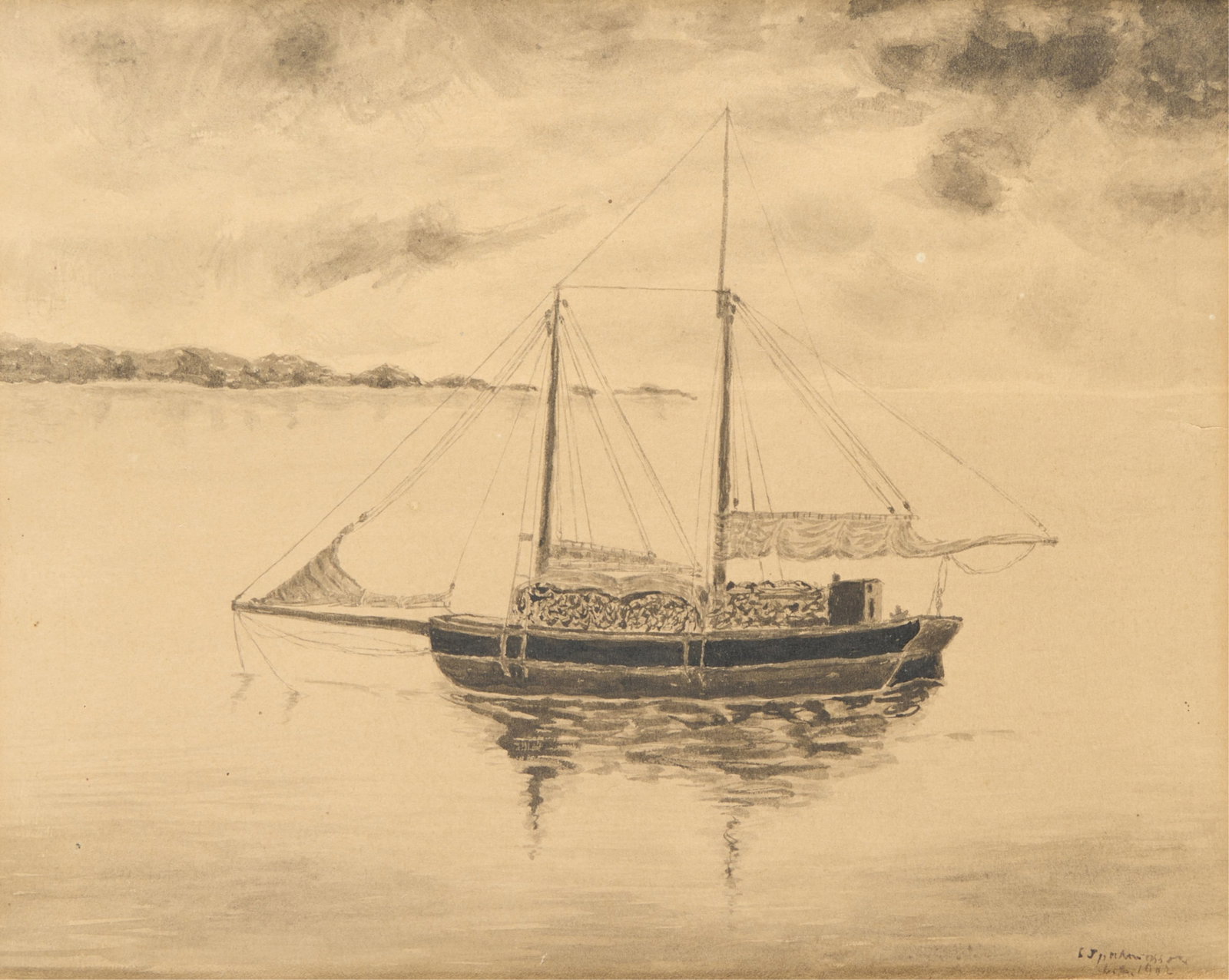 1902 Inkwash Painting of Sailboat - Signed: Watercolor inkwash painting depicting a sailboat, 1902. Illegibly signed and dated along the lower right. Sight; height: 8 1/2 in x width: 10 3/8 in. Matted; height: 12 1/2 in x width: 14 1/2 in.
