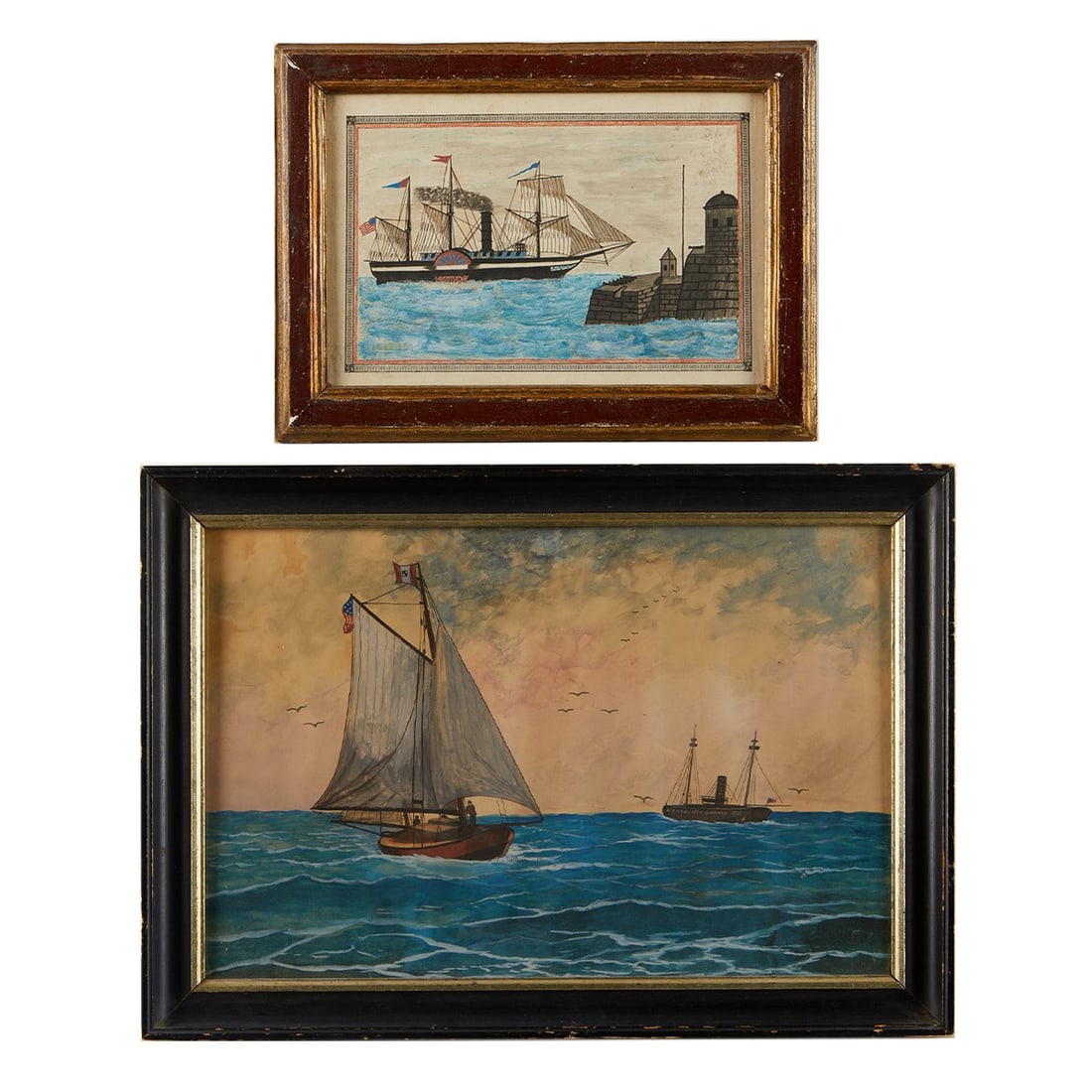 Group of 2 Nautical Watercolor Folk Paintings: Group of two naval folk art watercolor paintings depicting ships. One steam and paddle ship with a lighthouse and the other depicting a sailboat with another smaller ship titled "Nantucket Shoals