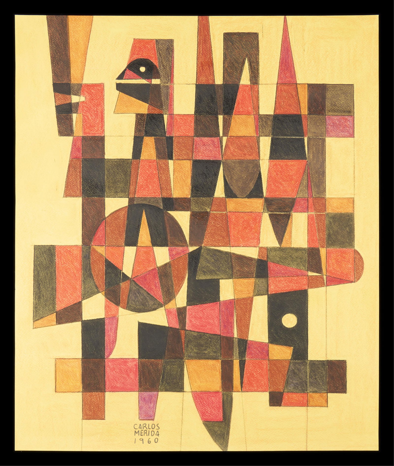 Carlos Merida Geometric Drawing 1960: Carlos Merida (Guatemalan, 1891-1985). Colored pencil and graphite on paper drawing depicting an abstract geometric composition in reds, yellow, and black, 1960. Signed and dated along the lower cente