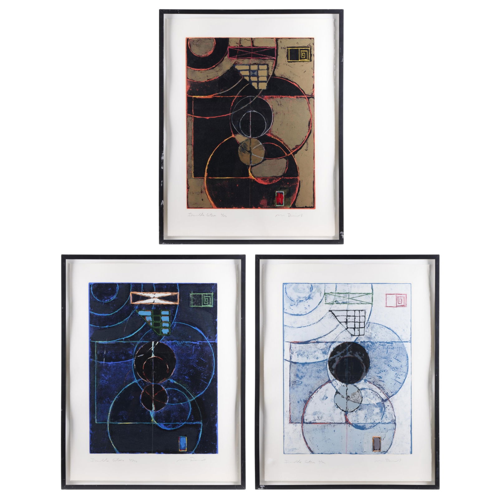 3 Michael David "Invisible Cities" Mixed Media: Michael David (American, b. 1954). Group of three woodcut, collograph, and pochoir with handcoloring mixed media artworks form the "Invisible Cities" series, 1988. Each pencil signed along t