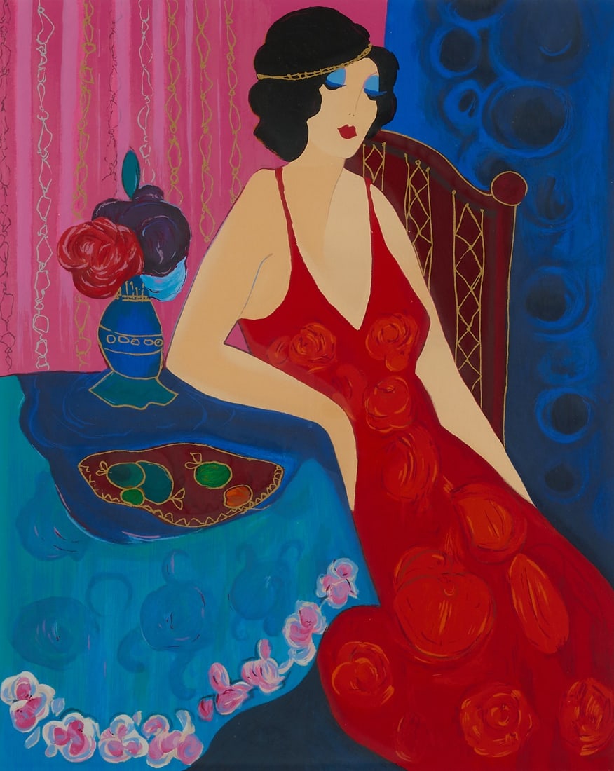 Itzchak Tarkay "Roaring 20's Review" Serigraph: Itzchak Tarkay (Israeli, 1935-2012). Serigraph on paper titled "Roaring 20's Review" depicting a woman in a red dress at a table, 2000. Pencil signed along the lower right; numbered 4/250 al