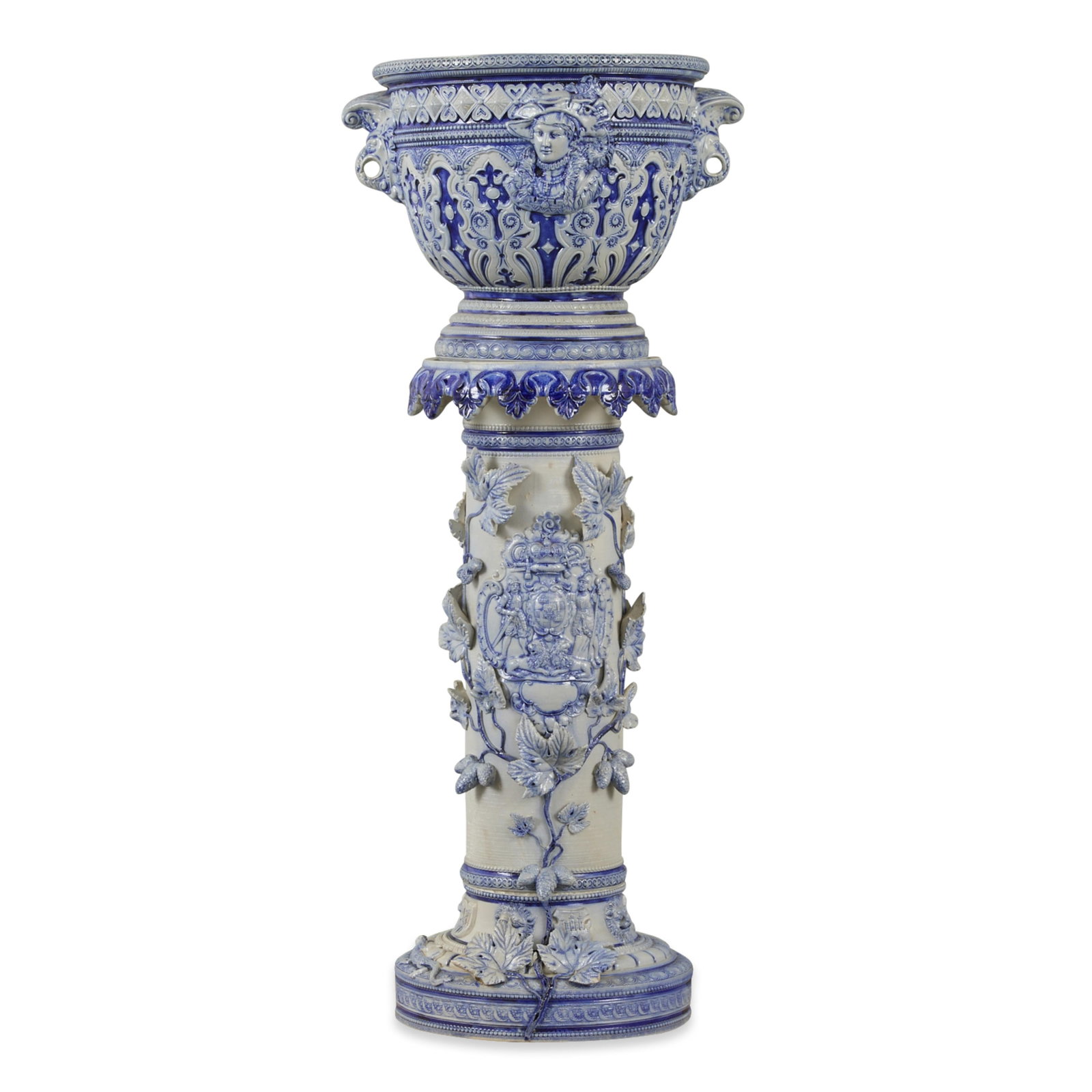 Continental Salt Glaze Ceramic Jardiniere Pedestal: Continental ceramic blue and grey jardiniere pedestal, possibly German, in the style of Westerwald pottery, ca. late 19th to early 20th century. Stoneware with salt glaze and cobalt wash decoration. T