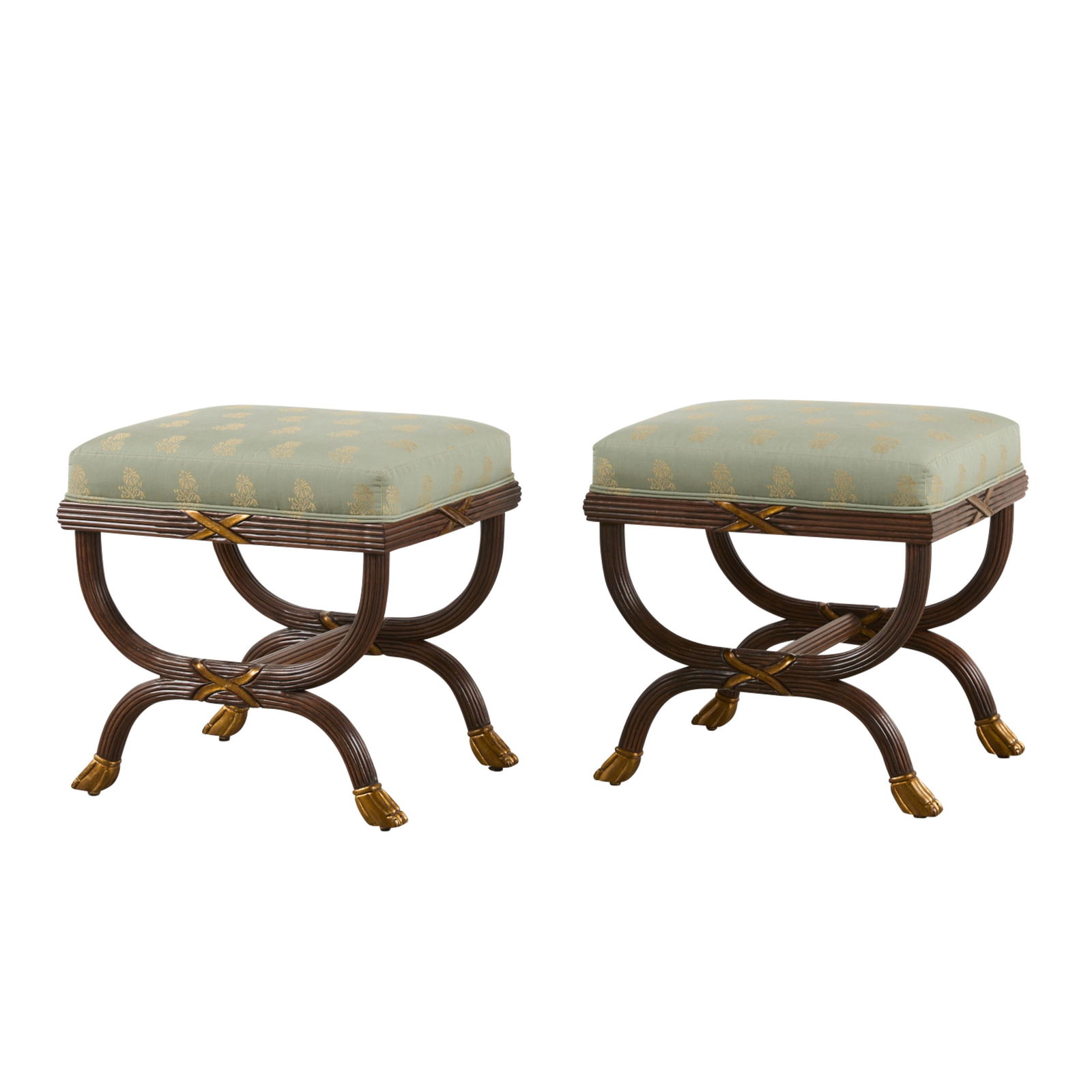 Pair William Switzer Neoclassical Ottoman Benches: William Switzer, Canada. Pair of benches or ottomans in a neoclassical style and curule design, 20th century. The seat is upholstered with sage green fabric, a cream-colored floral motif throughout, r
