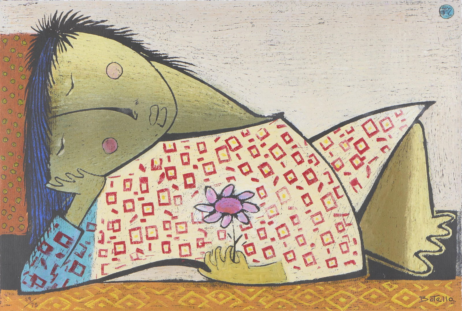 Angel Botello "La Fleur (T2)" Linocut: Angel Botello y Barros (Spanish/Puerto Rican, 1913-1986). Linocut on paper titled "La Fleur (T2)," ca. 1983. Depicting a reclining girl holding a blooming flower. Signed along the lower righ