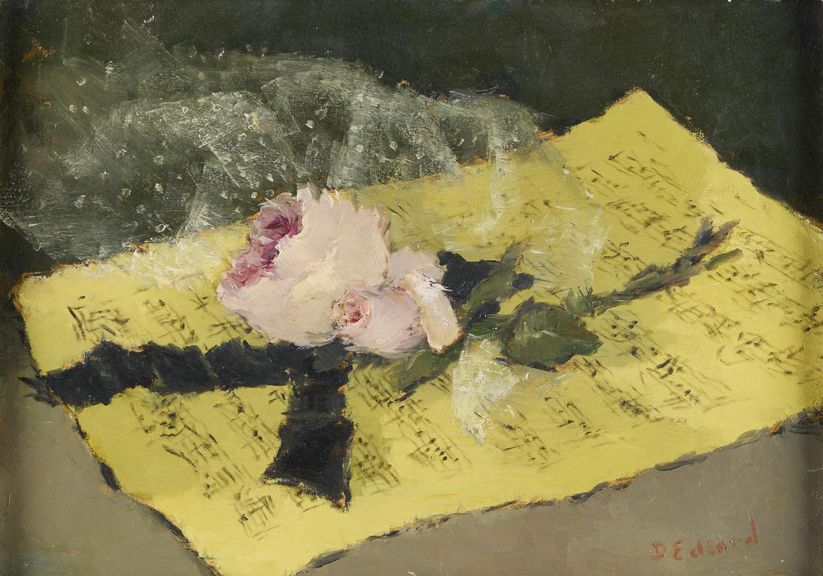 Dietz Edzard Roses on Sheet Music Oil on Canvas: Dietz Edzard (German, 1893-1963). Oil on canvas painting depicting a still life of blooming pink roses resting on sheet music. Signed along the lower right.Sight; height: 9 1/2 in x width: 13 1/2 in.