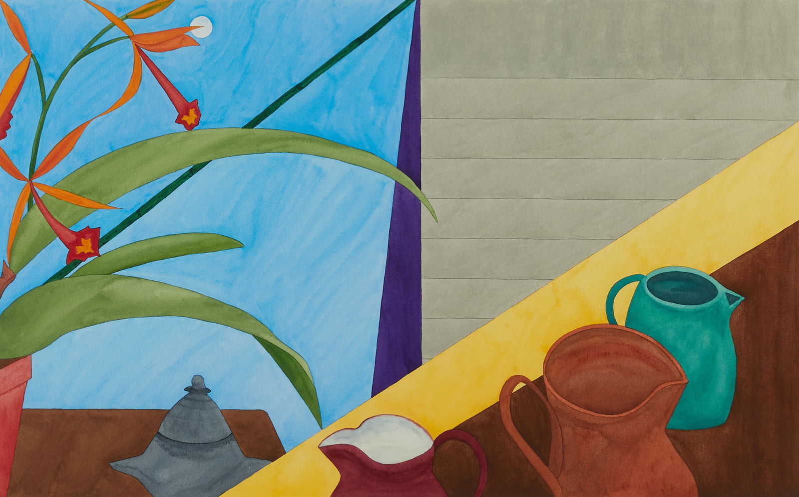 Ed Baynard Still Life Watercolor Painting 1991: Ed Baynard (American, 1940-2016). Large watercolor on paper painting depicting a still life of various jugs and a flowering plant, 1991. Pencil signed and dated along the lower right.Unframed; height: