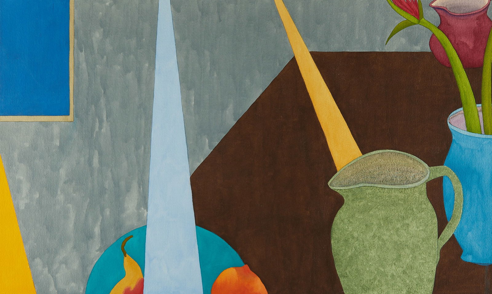 Ed Baynard "The Green Pot" Watercolor 1991: Ed Baynard (American, 1940-2016). Large watercolor on paper painting titled "The Green Pot" depicting a still life with flowers in a jug, 1991. Pencil signed and dated along the lower right;