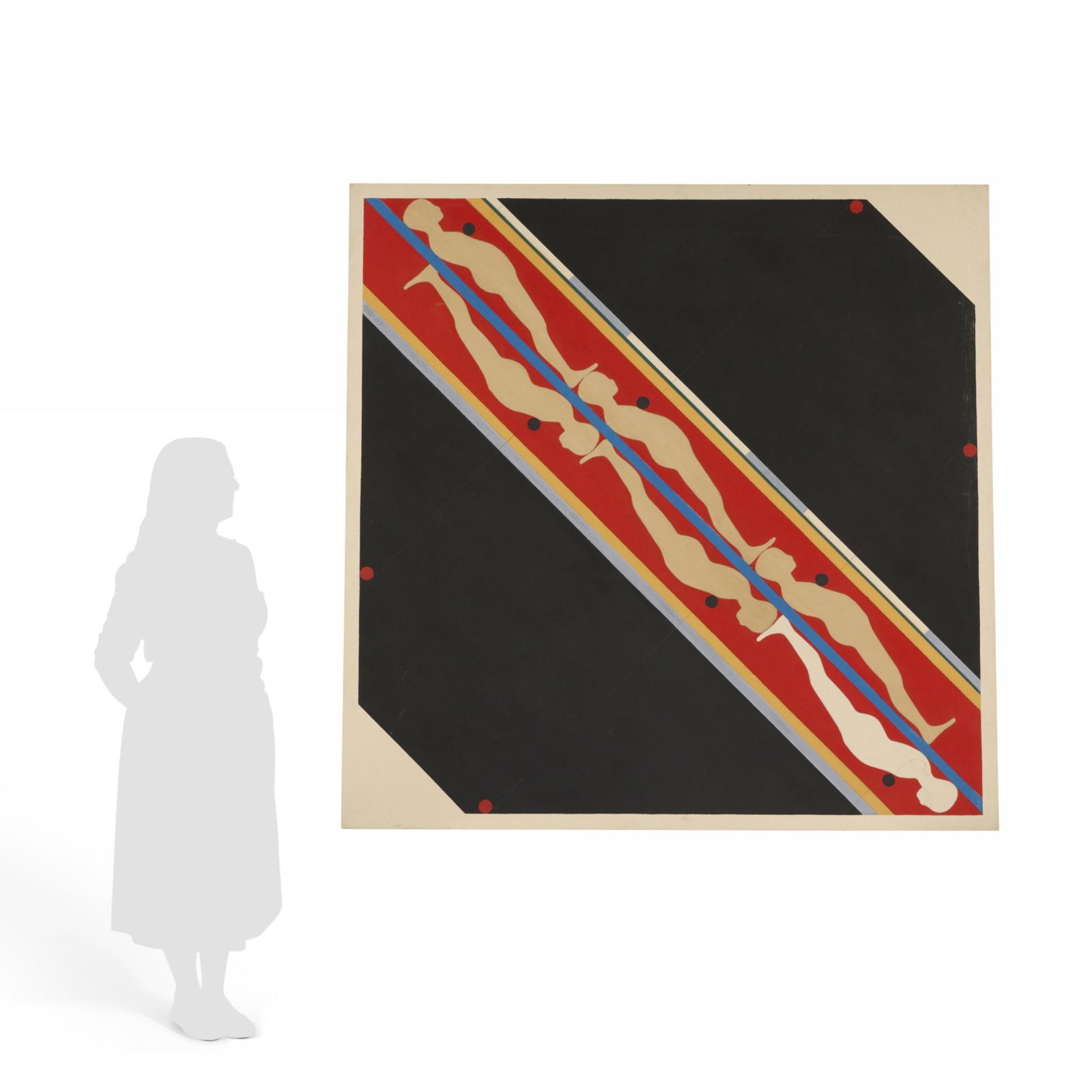 Large Ernest Trova Falling Man Series Painting: Ernest Trova (American, 1927-2009). Large oil on canvas painting from the "Falling Man" series depicting a series of six figures silhouetted on a red stripe cutting diagonally through a blac