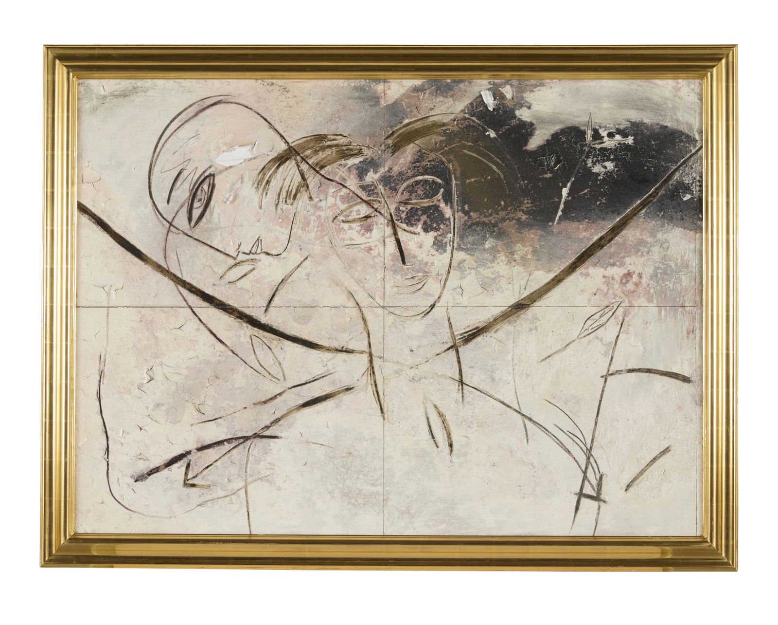 Jamali Fresco Tempera Figural Painting: Jamali (Pakistani/American, b. 1944). Large mixed media fresco tempera on board portrait painting depicting two figures. With an "Art & Peace" label affixed to the verso.Sight; height: 37 in