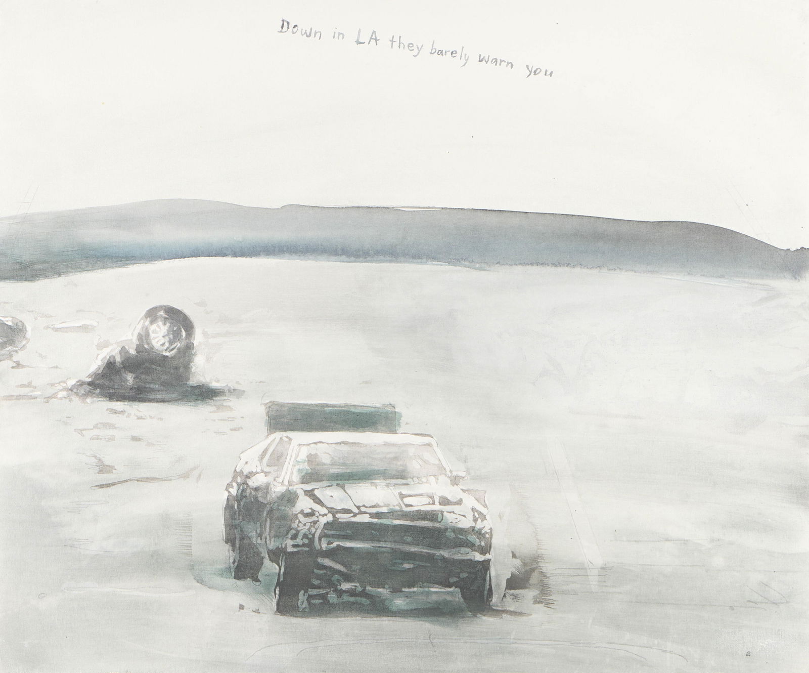 Rathman "Down in LA They Barely Warn You" Painting: David Rathman (American, b. 1958). Ink on canvas-laid board painting titled "Down in LA They Barely Warn You" depicting destroyed cars on a barren landscape, 2019. Titled in the upper center