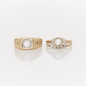 Set 2 14k Yellow Gold & Diamond Wedding Rings