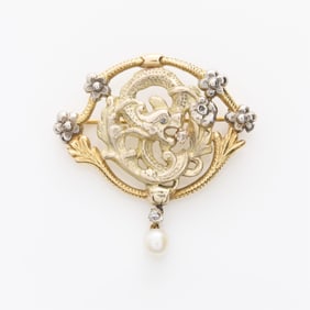 14k Gold Art Nouveau Diamond Dragon Brooch